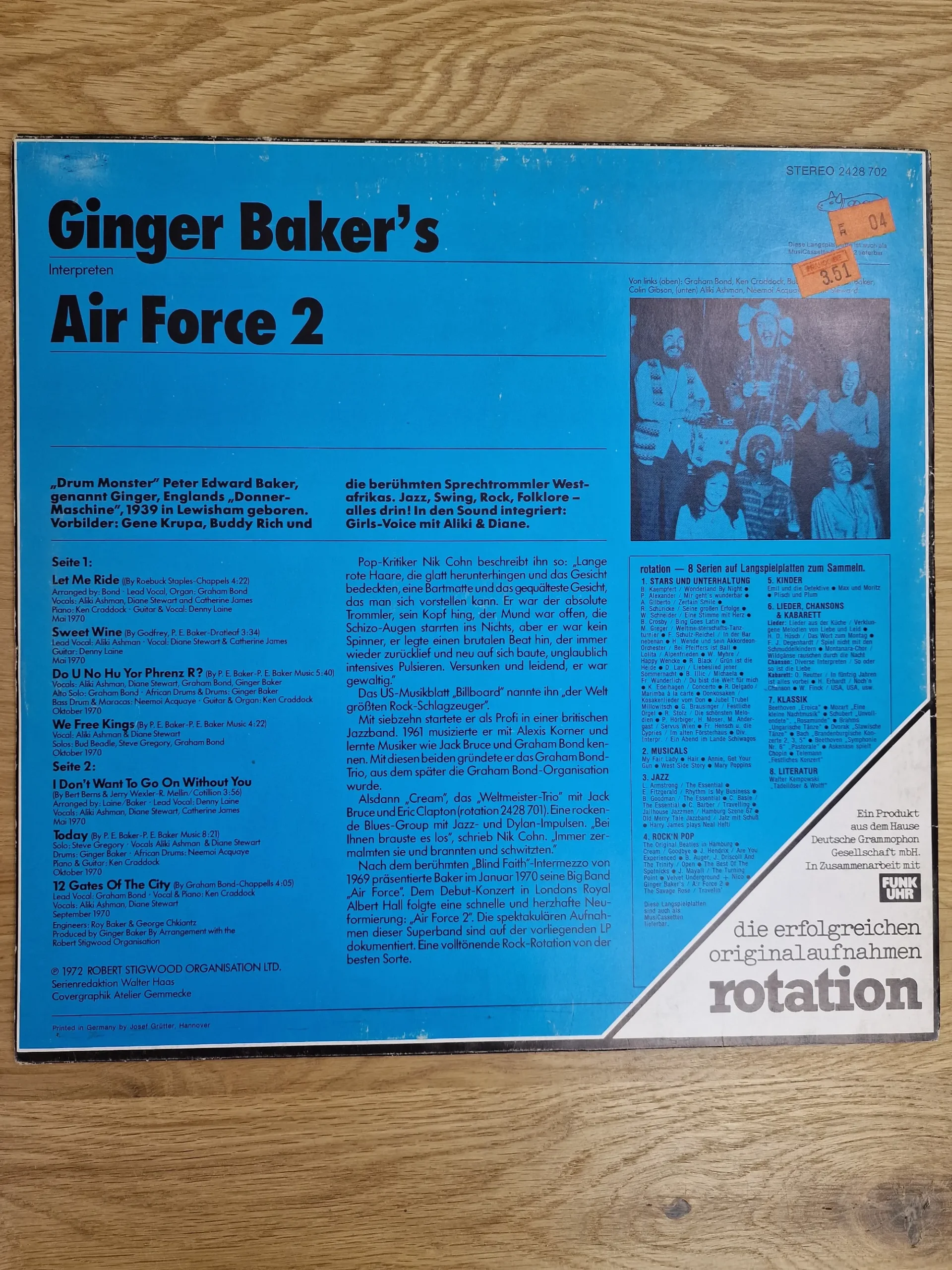 Ginger Baker's Air Force 2 Vinyl LP Rückseite mit Tracklist, Liner Notes und Bandfoto