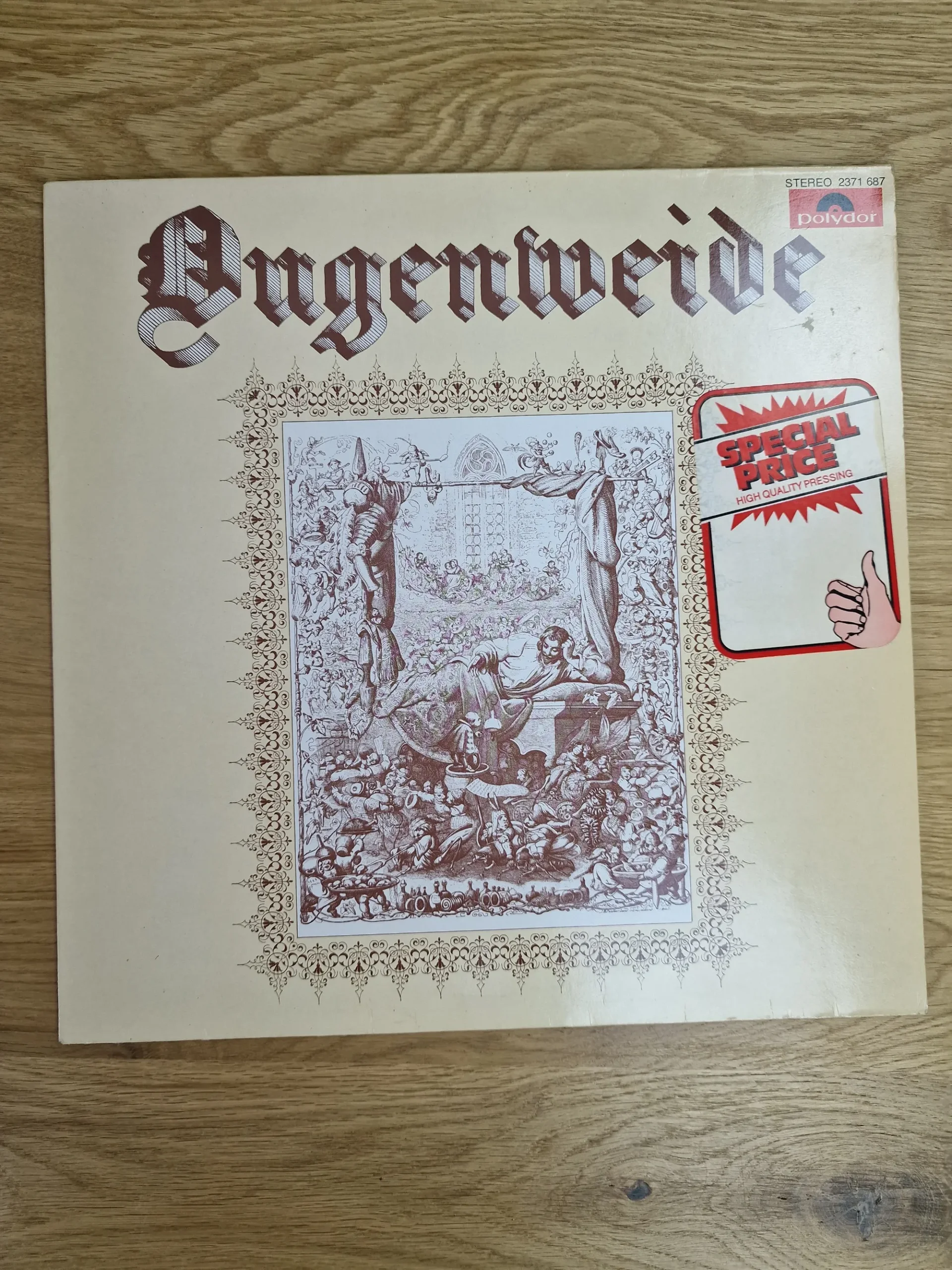 ougenweide-debuet-album-vinyl-lp-vorderseite Vorderseite der Ougenweide Vinyl LP Schallplatte mit Mittelalter-Illustration und Special Price Sticker