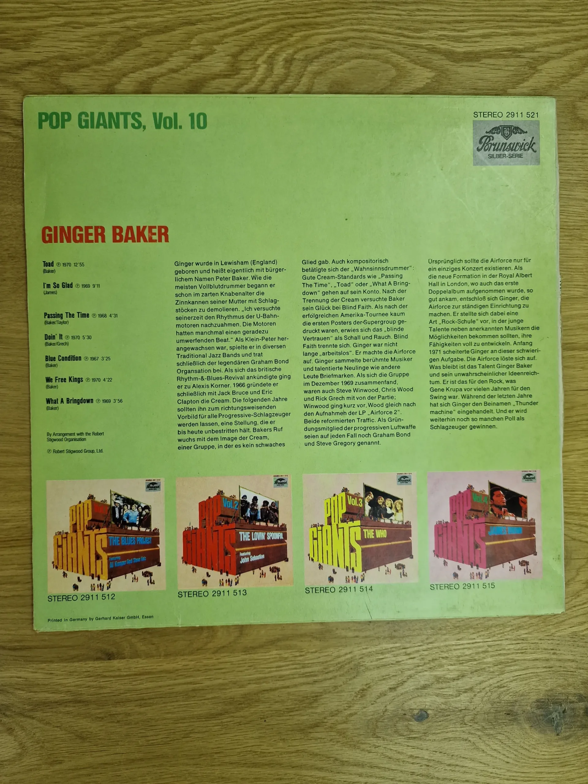 Rückseite des Albumcovers Ginger Baker Pop Giants Vol. 10 mit Tracklist und deutscher Biografie