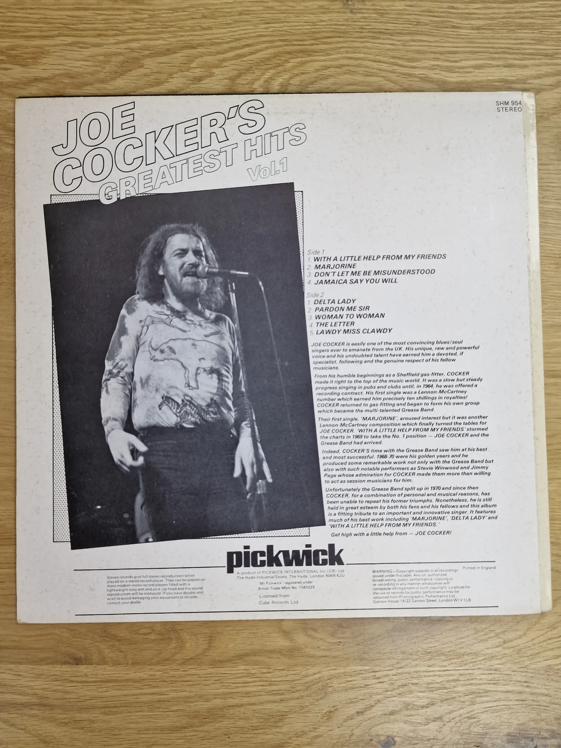 Rückseite der Vinyl-Hülle von Joe Cocker Greatest Hits Vol. 1 mit Titelliste und Künstlerbiografie