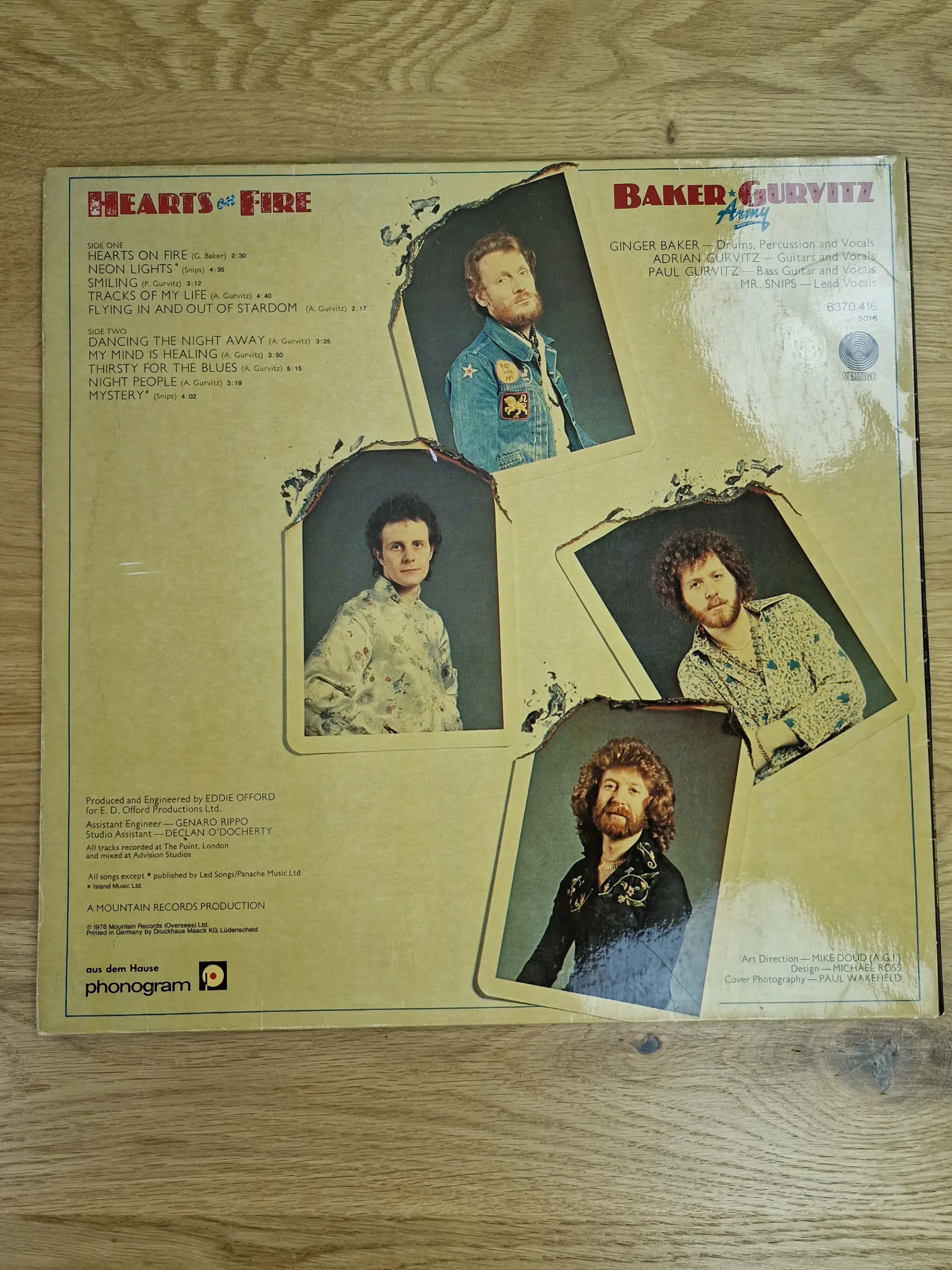 Baker Gurvitz Army Hearts On Fire Vinyl LP Cover Rückseite mit Bandporträts und Titelliste