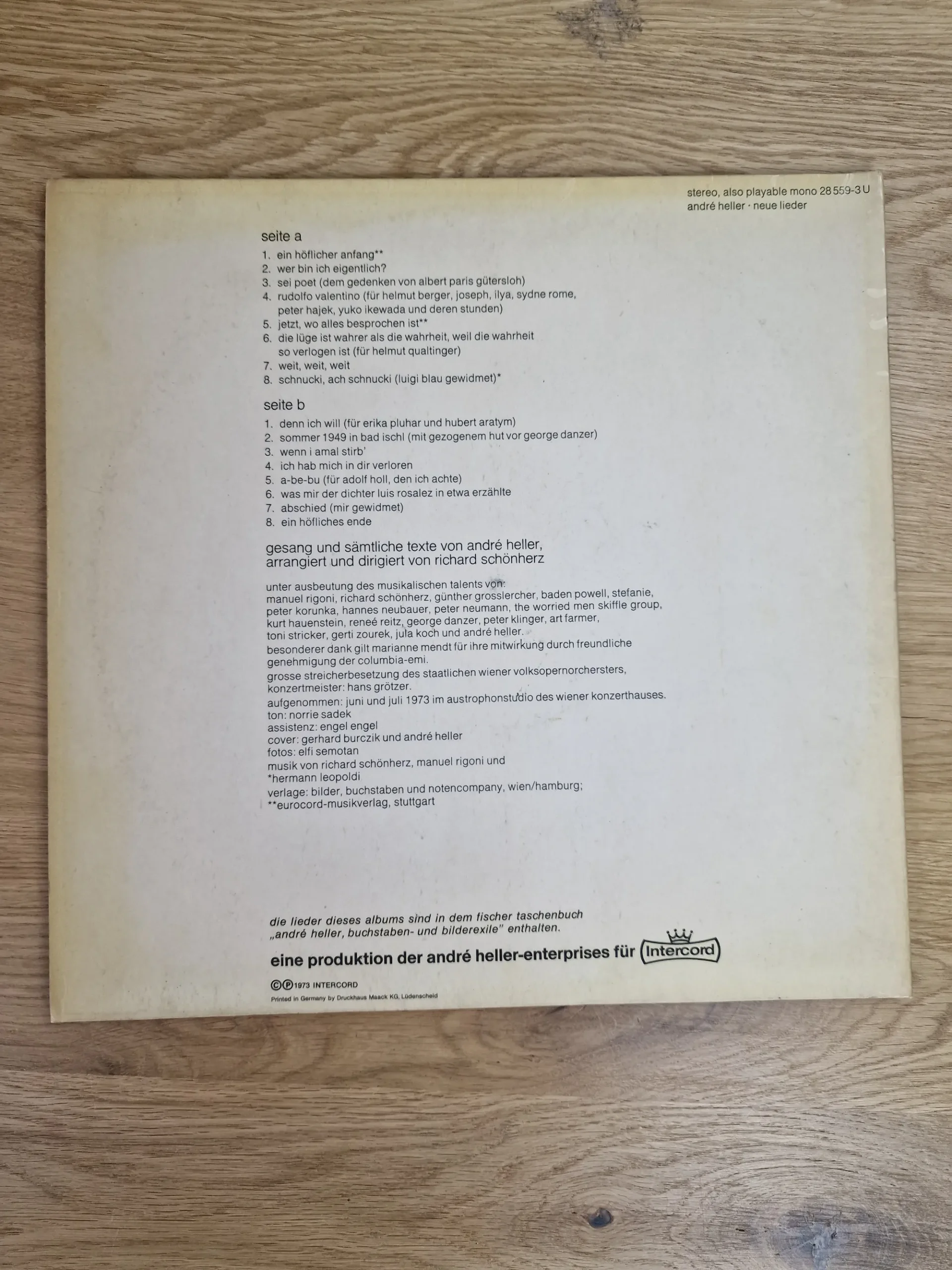 Rückseite der André Heller 'Neue Lieder' LP mit Tracklist, Mitwirkenden und Label-Informationen