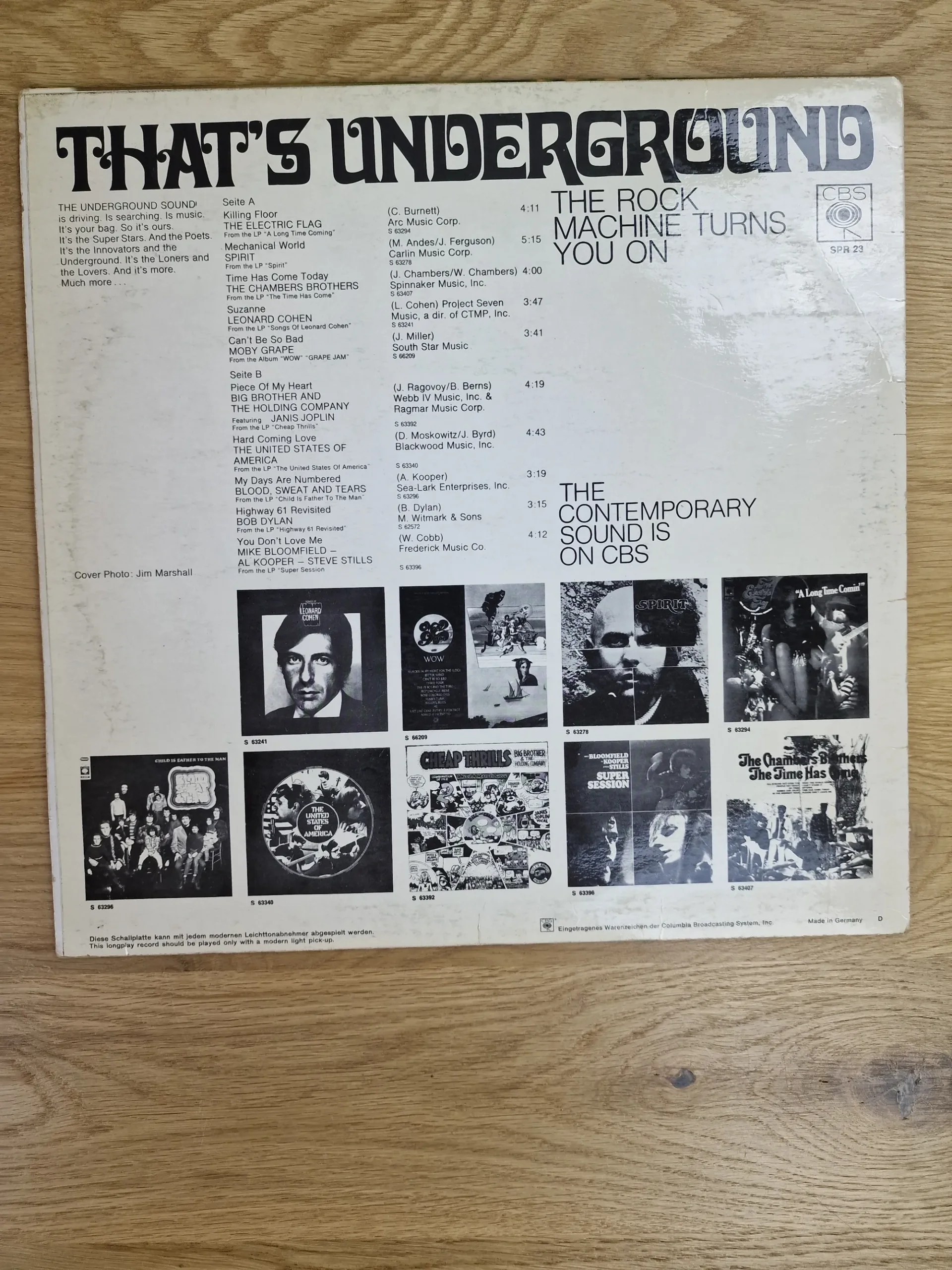 Rückseite des Vinyl-Album-Covers That's Underground mit vollständiger Titelliste und Abbildungen der Alben