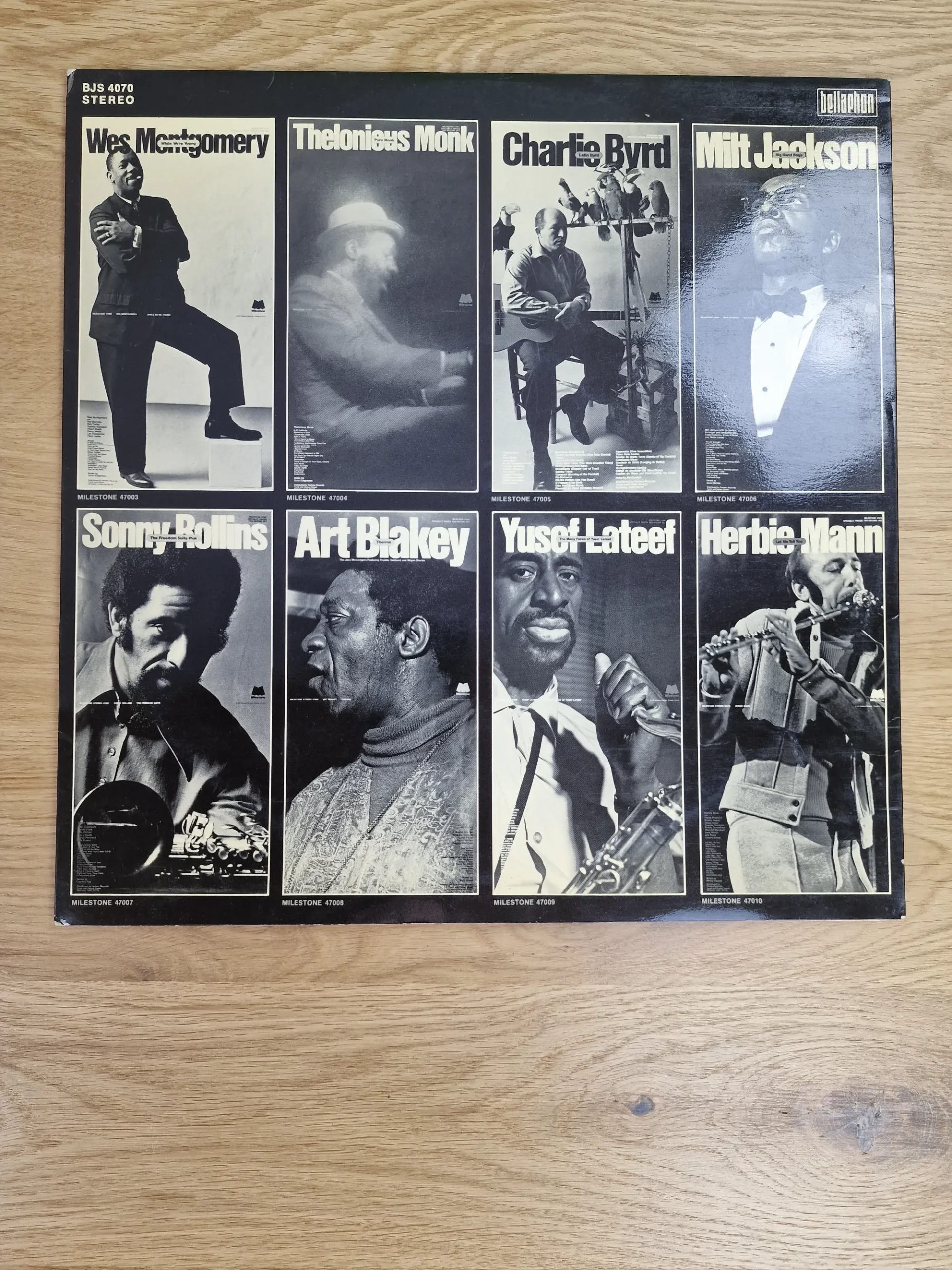 Rückseite des Vinyl-Covers der Milestone Twofers LP mit Übersichtsabbildungen bekannter Jazz-Künstler