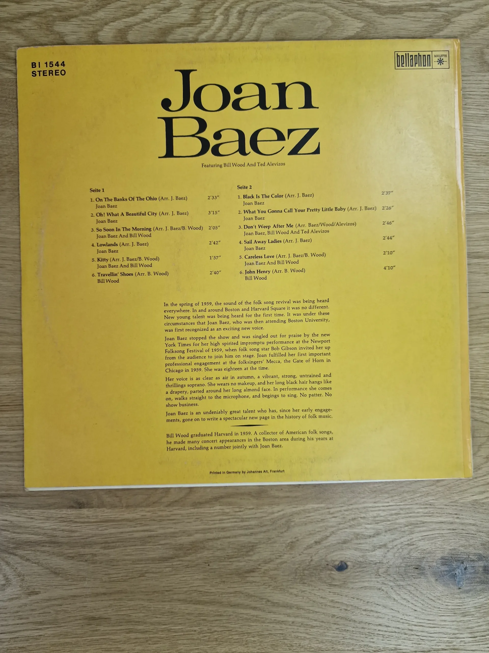 Rückseite des Vinyl-Albums Joan Baez mit kompletter Tracklist und Bellaphon Stereo Logo