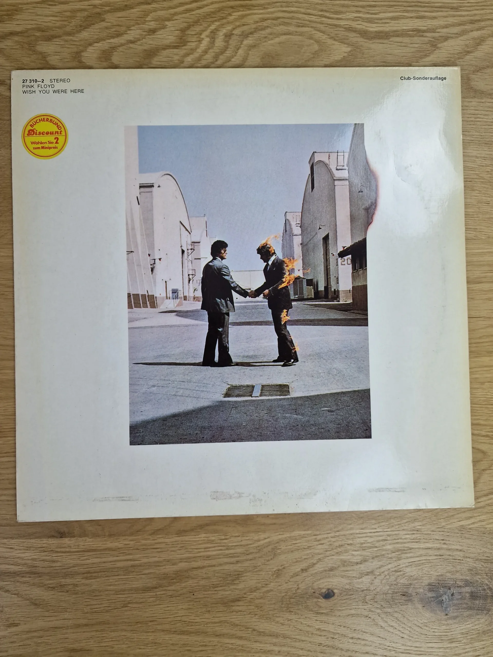 Pink Floyd – Wish You Were Here Vinyl LP (Club-Sonderauflage) 1 Vorderseite des Vinyl-Covers Pink Floyd Wish You Were Here Club-Sonderauflage mit brennendem Mann