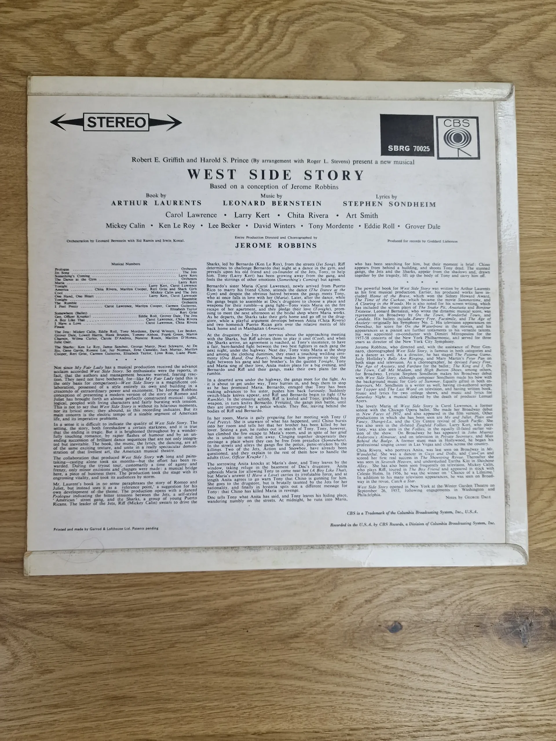 Rückseite der West Side Story Schallplattenhülle mit Trackliste, Songtiteln und Linernotes