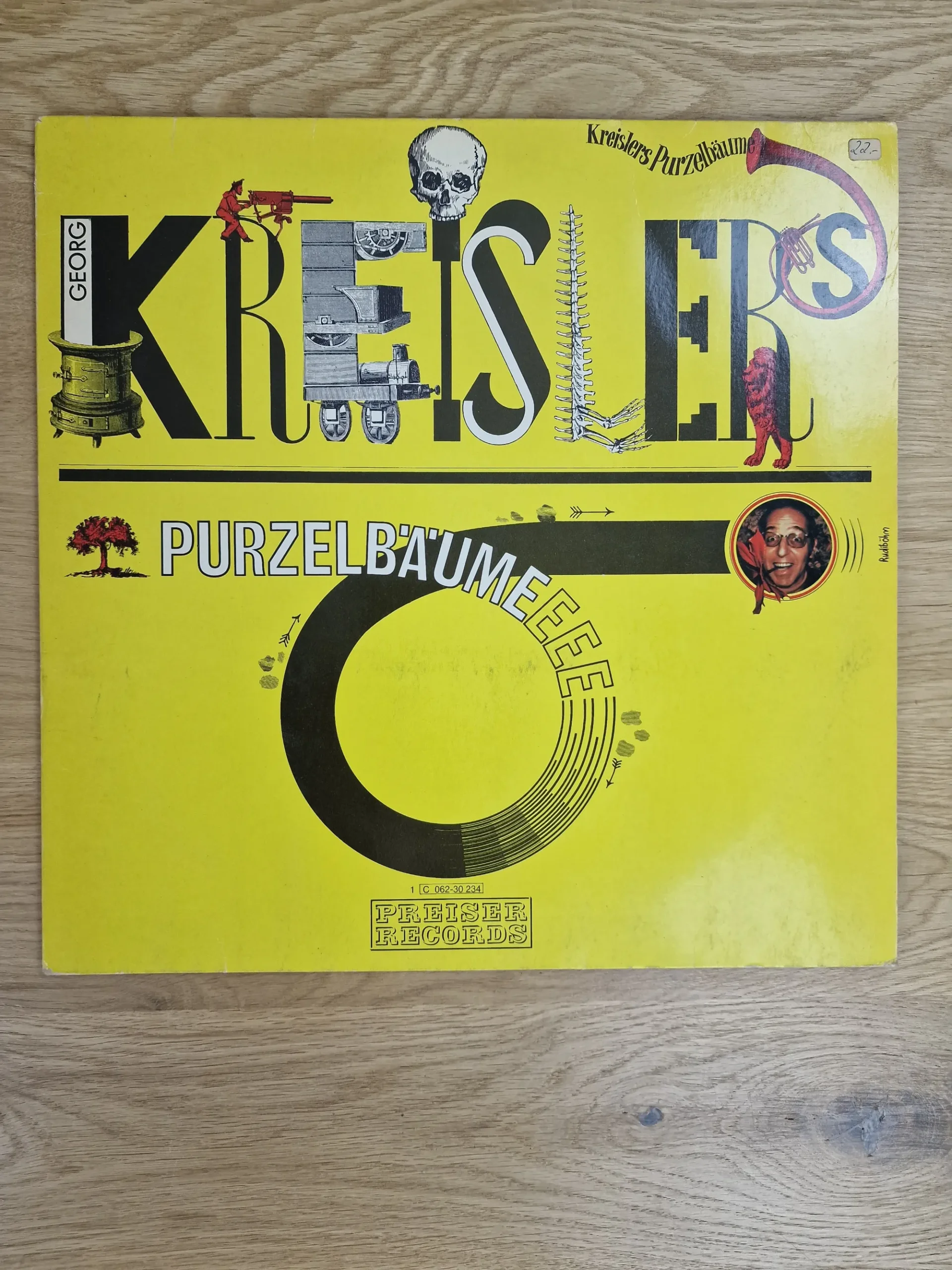Gelbes Frontcover der Vinyl LP Kreislers Purzelbäume von Georg Kreisler