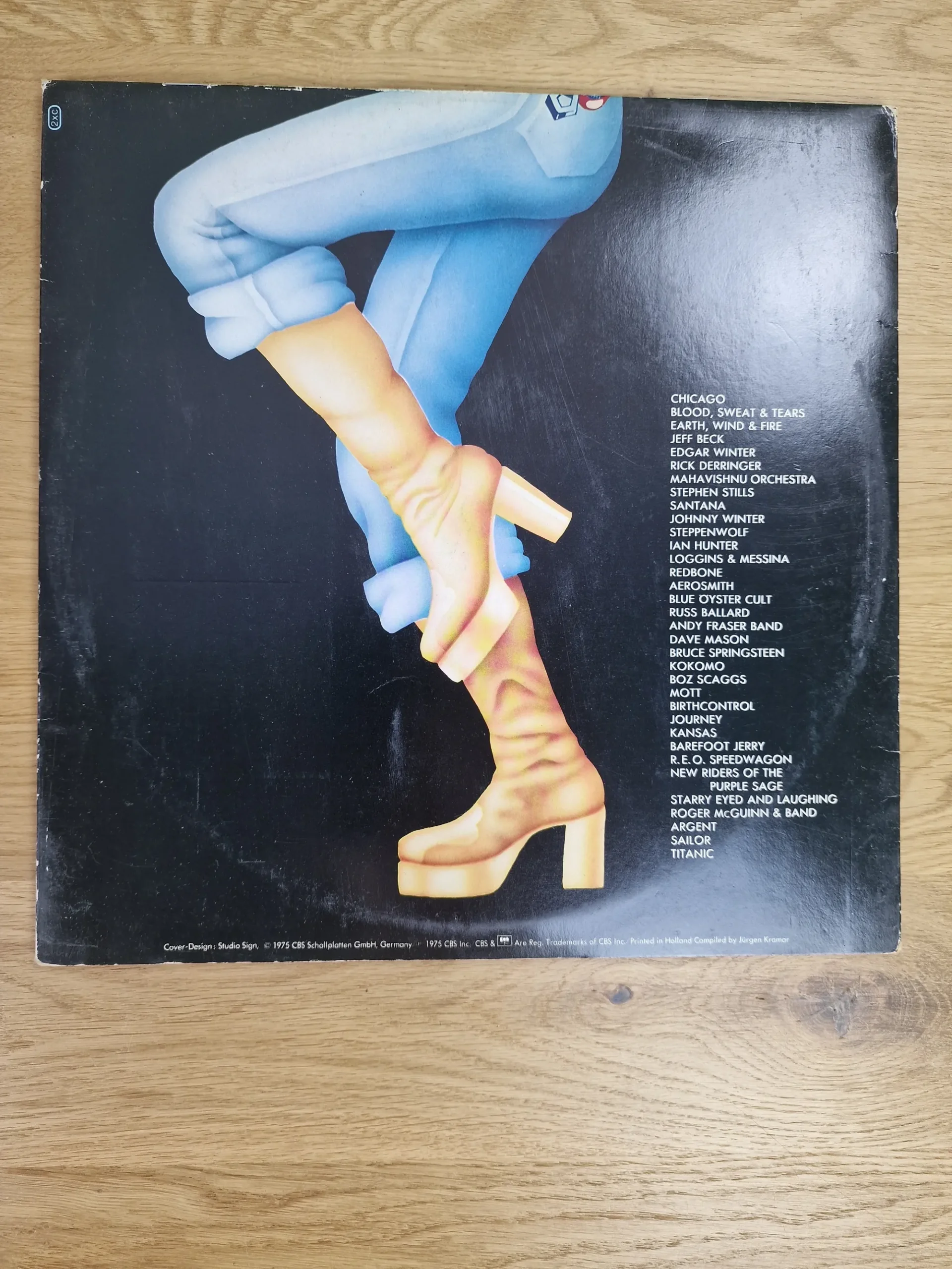 Rückseite des Vinyl-Albums Rockwork mit Auflistung aller 34 enthaltenen Rockbands und Interpreten