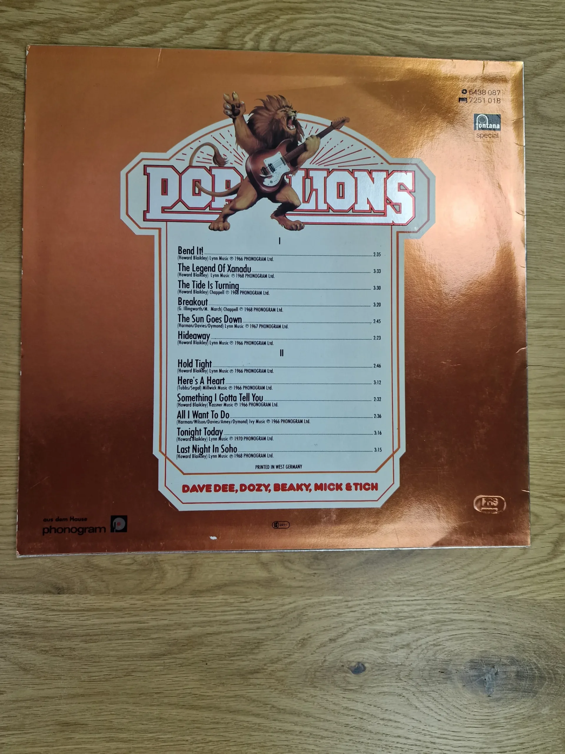 Rückseite der Schallplatte Pop Lions Bend It mit Trackliste und Fontana Special Logo