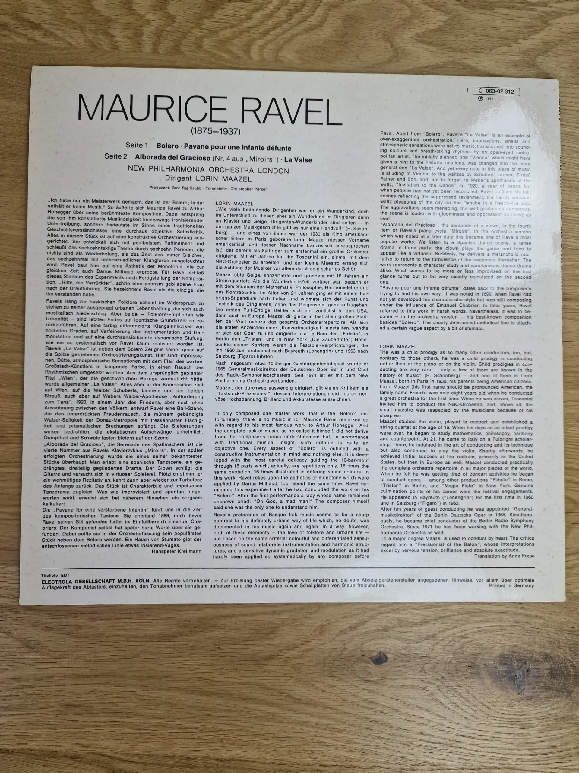 Rückseite des Vinyl LP Covers mit Linernotes und Tracklist zu Maurice Ravel Bolero