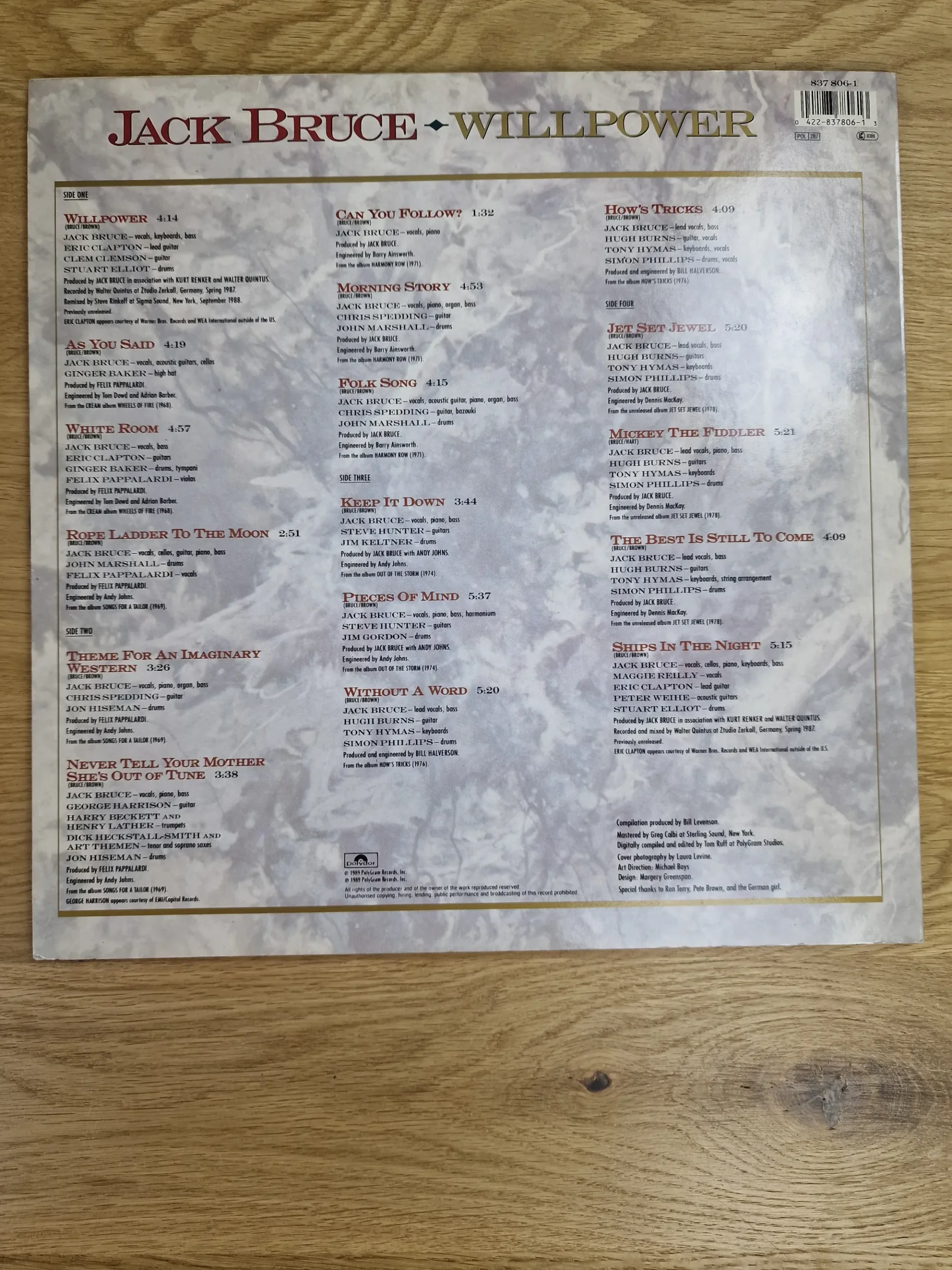 Rückseite des Vinyl-Covers Jack Bruce Willpower mit vollständiger Titelliste und Mitwirkenden