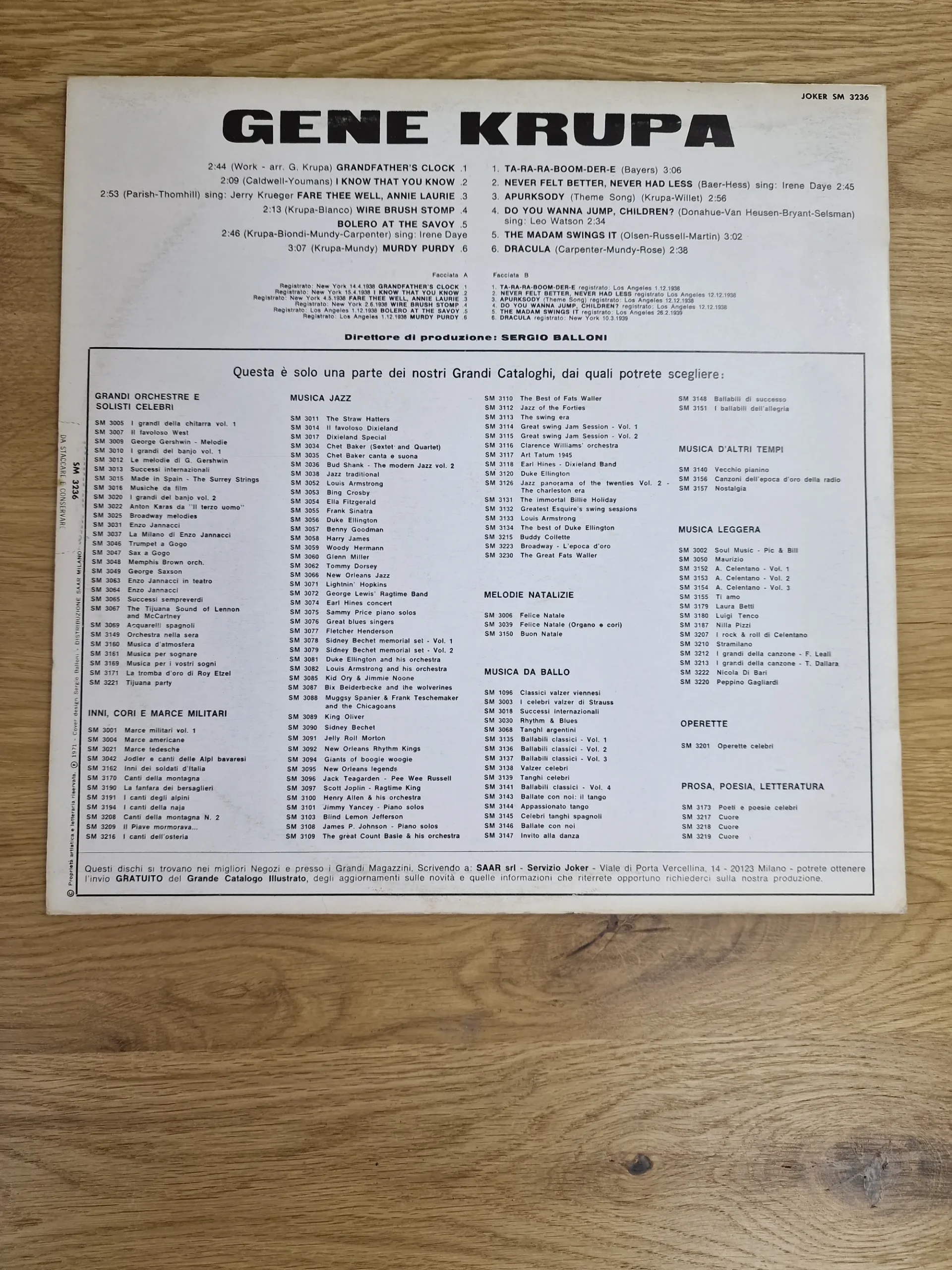 Rückseite des Vinyl-Covers von Gene Krupa mit Trackliste und Details