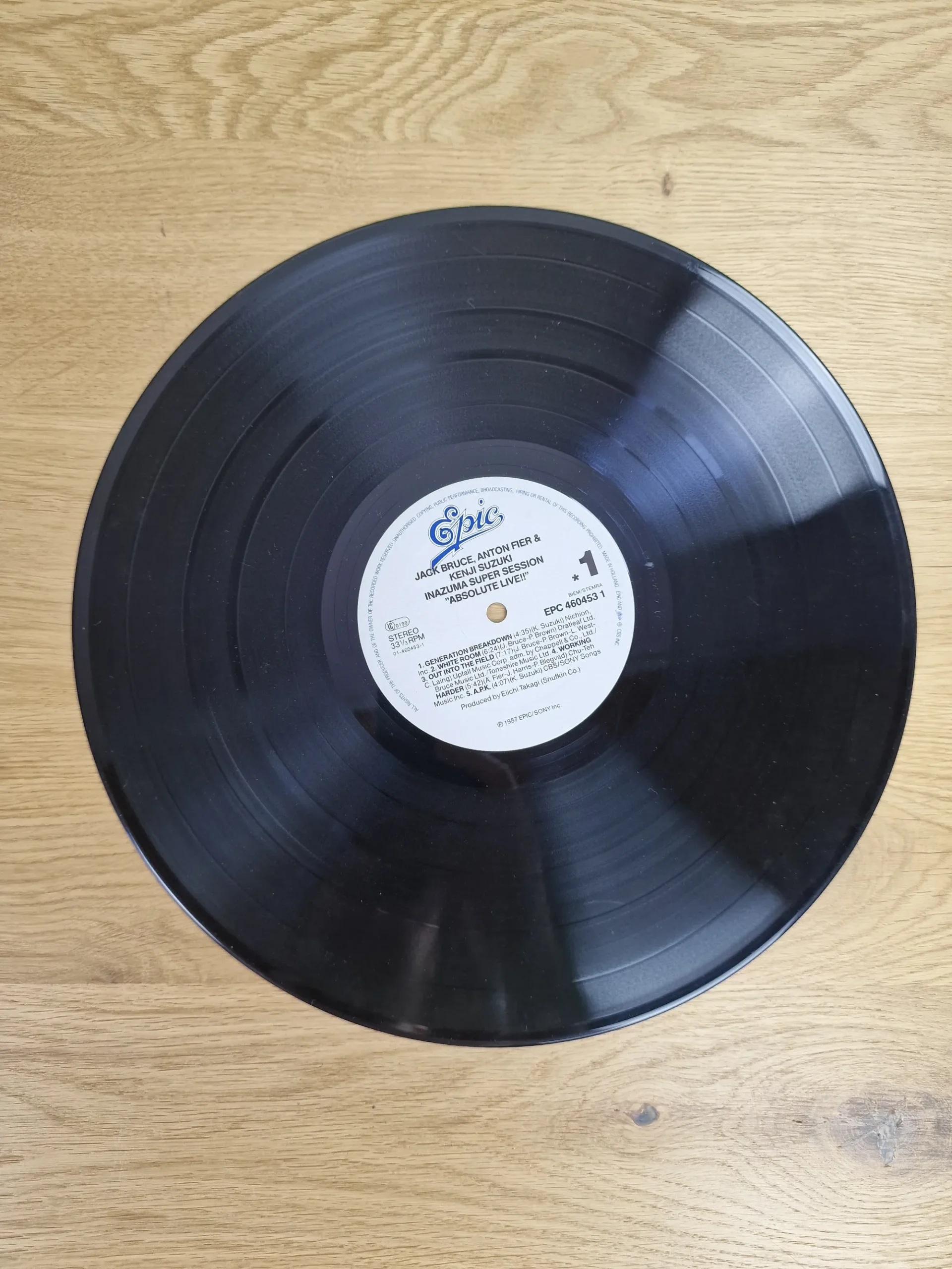 Jack Bruce, Anton Fier & Kenji Suzuki Inazuma Super Session Vinyl Schallplatte Seite 1 Label Epic