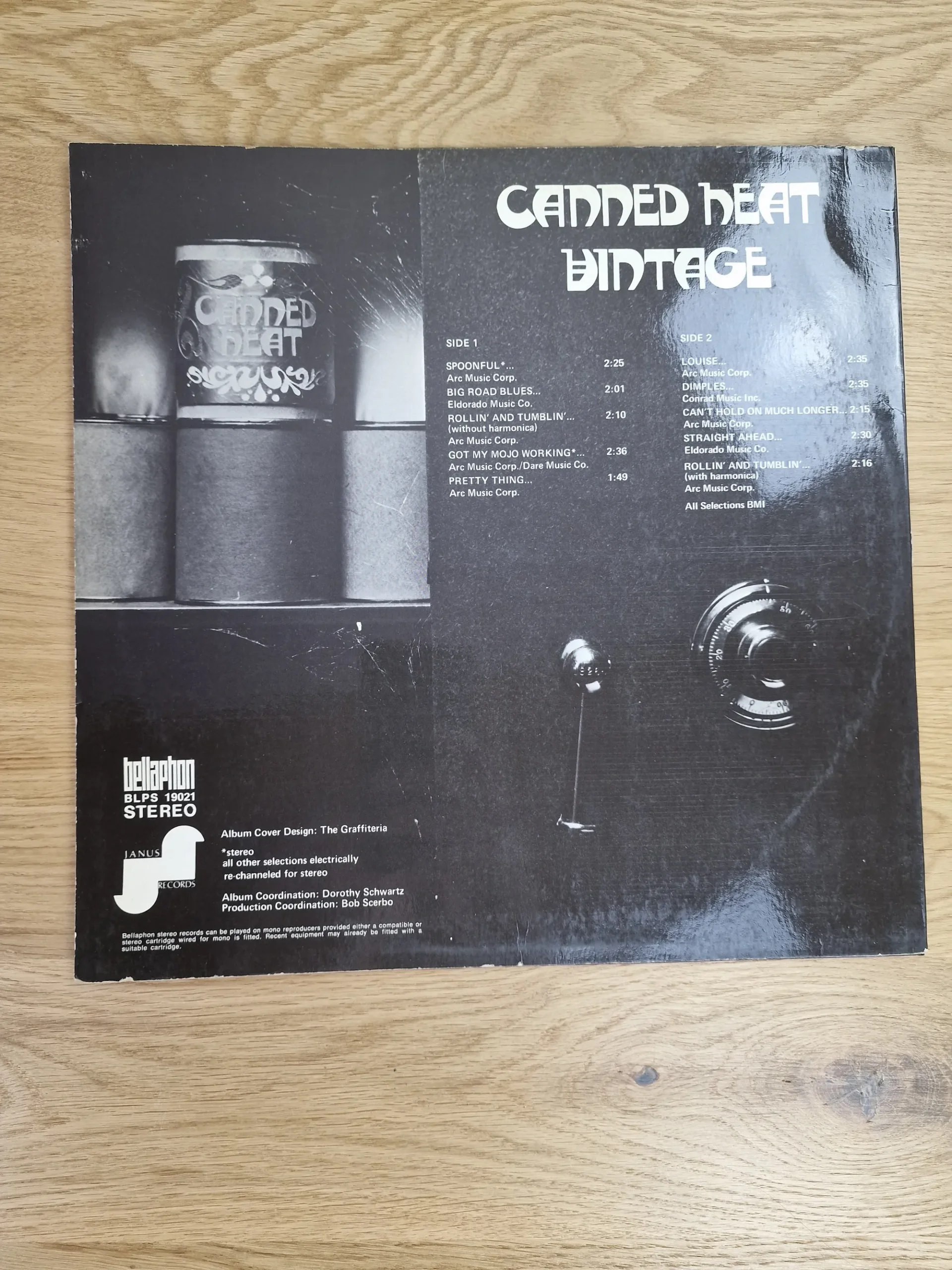 Rückseite des Canned Heat Vintage Schallplatten-Covers mit Titelliste und Label-Informationen