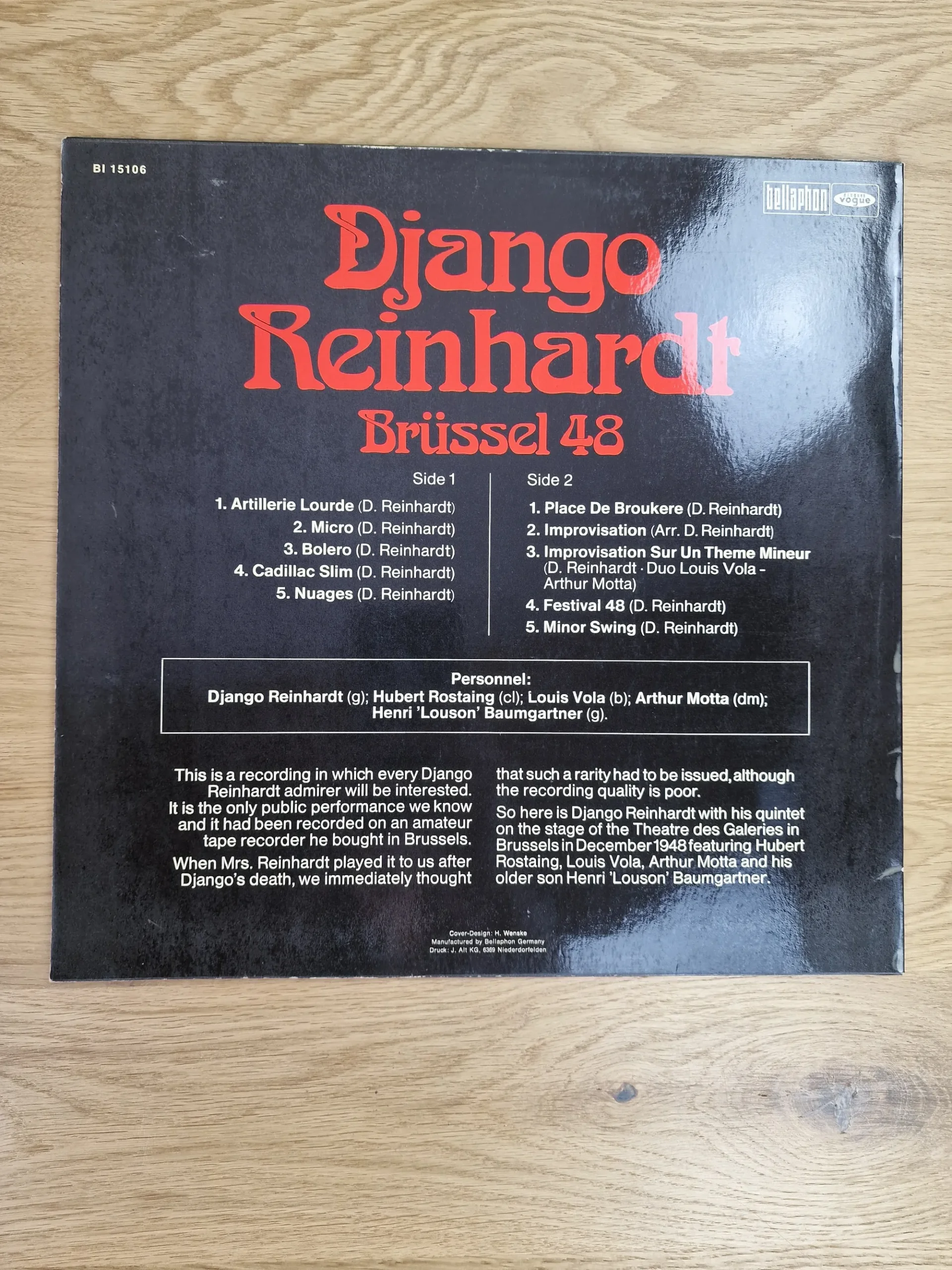 Django Reinhardt Brüssel 48 Vinyl LP Cover Rückseite mit Tracklist und Besetzung