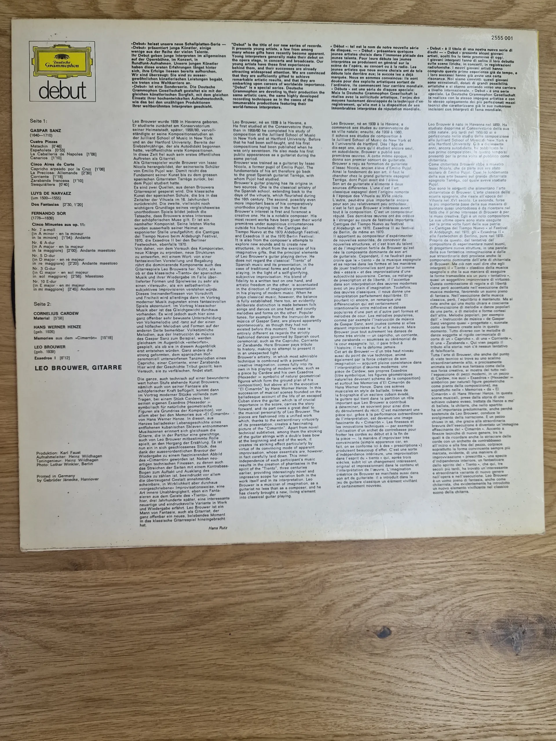 Rückseite der Vinyl LP Leo Brouwer mit Tracklist und ausführlicher Beschreibung