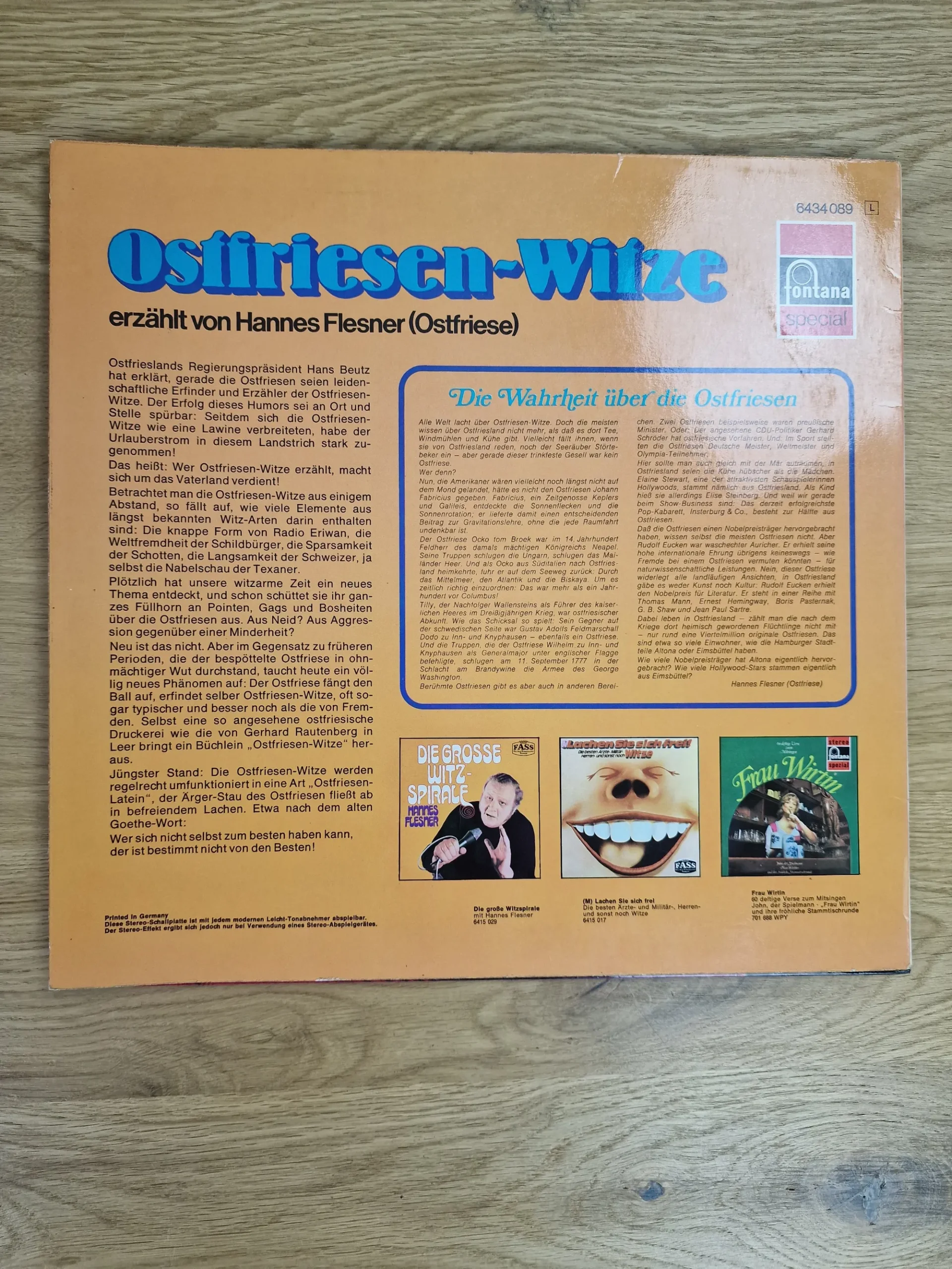 Rückseite des Albumcovers Ostfriesen-Witze mit Hintergrundtexten und Labelinformationen