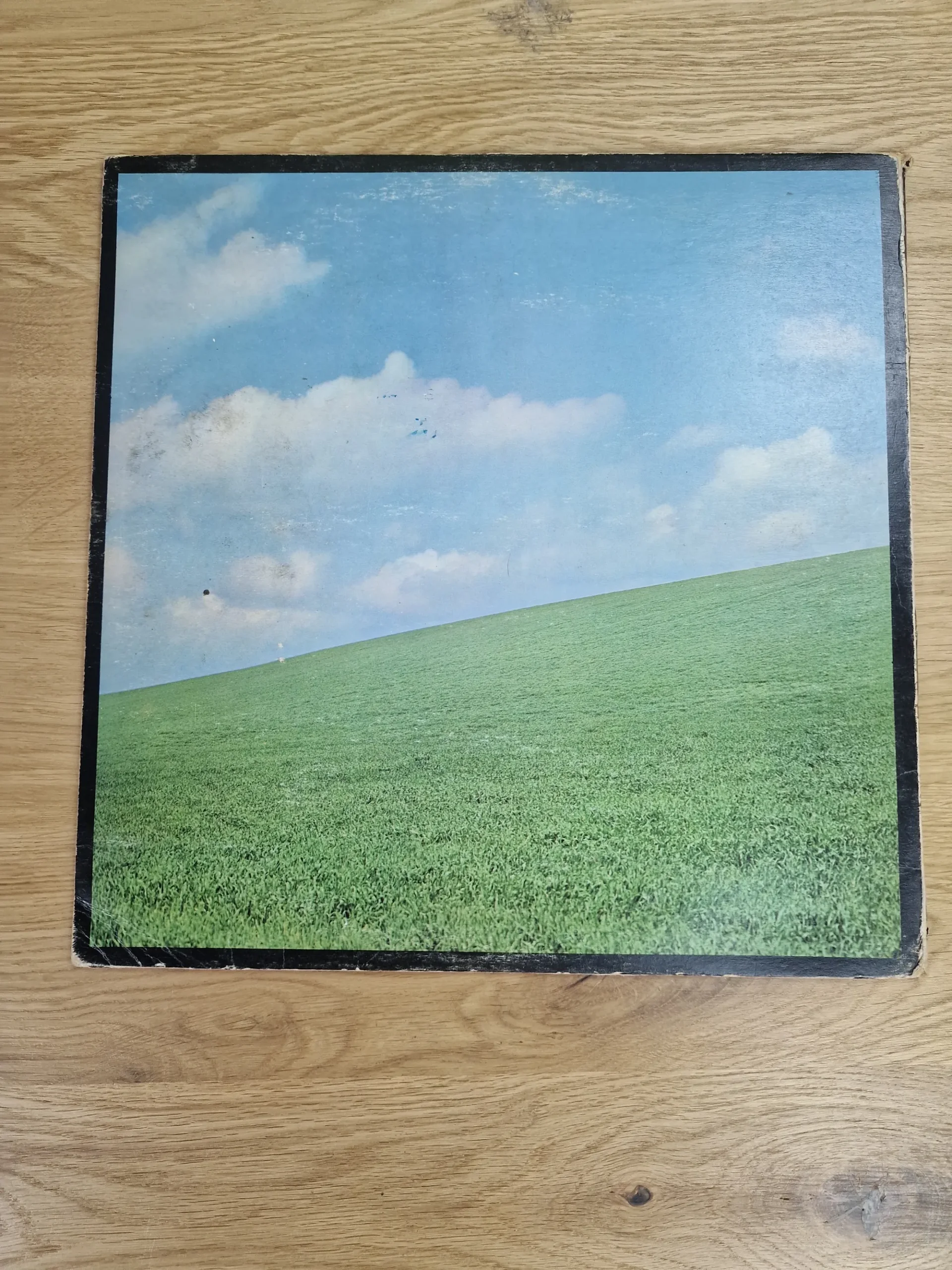 Rückseite der Blind Faith Vinyl LP Cover-Hülle mit grüner Hügellandschaft
